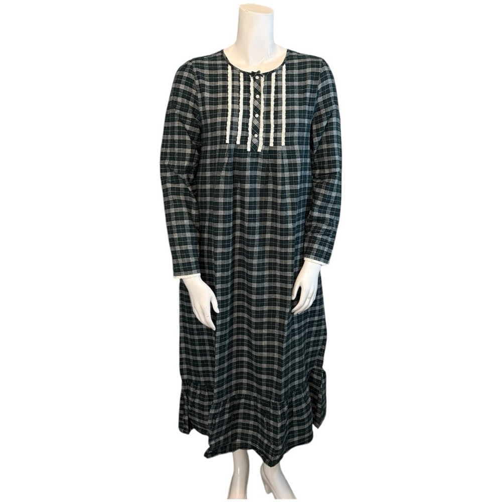 Charter Club Green Plaid Flannel Night Gown, M, Lace Trim - Picture 2 of 16